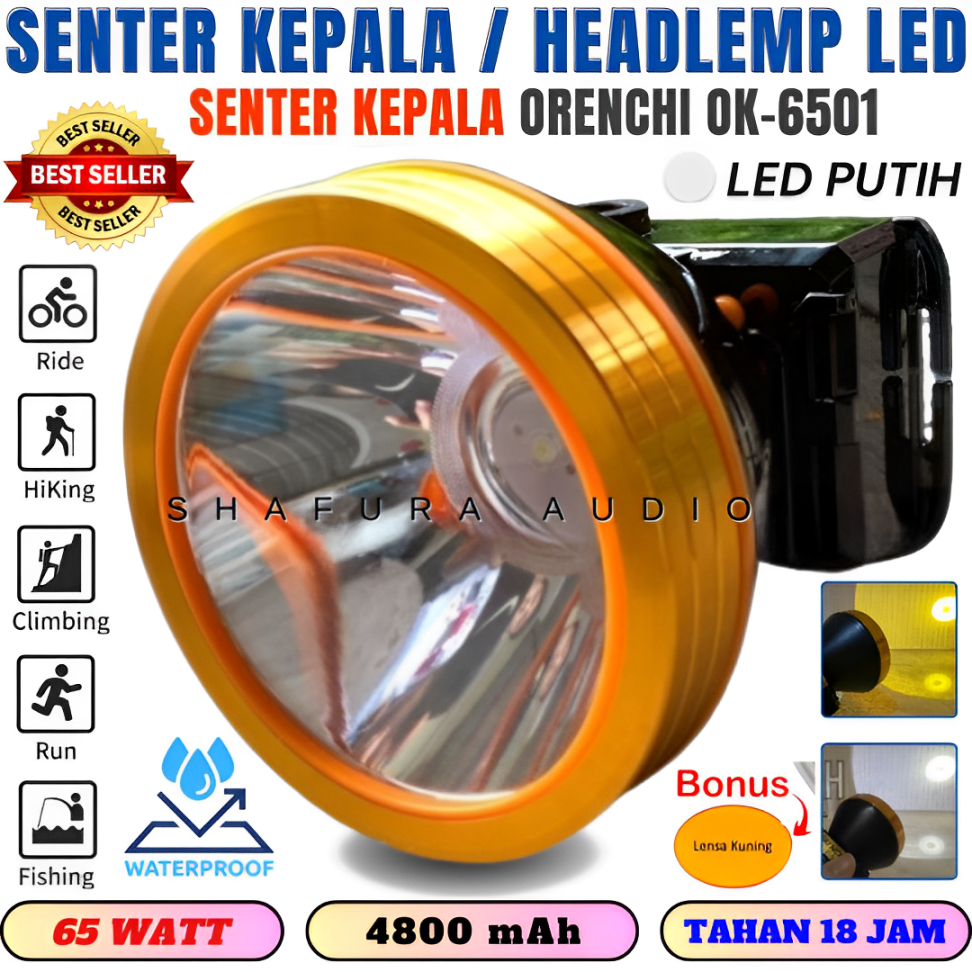 Tesla Orenchi Senter Kepala 65 Watt Ok-6501 Free Cover Kuning | Headlamp Head Lamp Orenchi Ok-6501 N