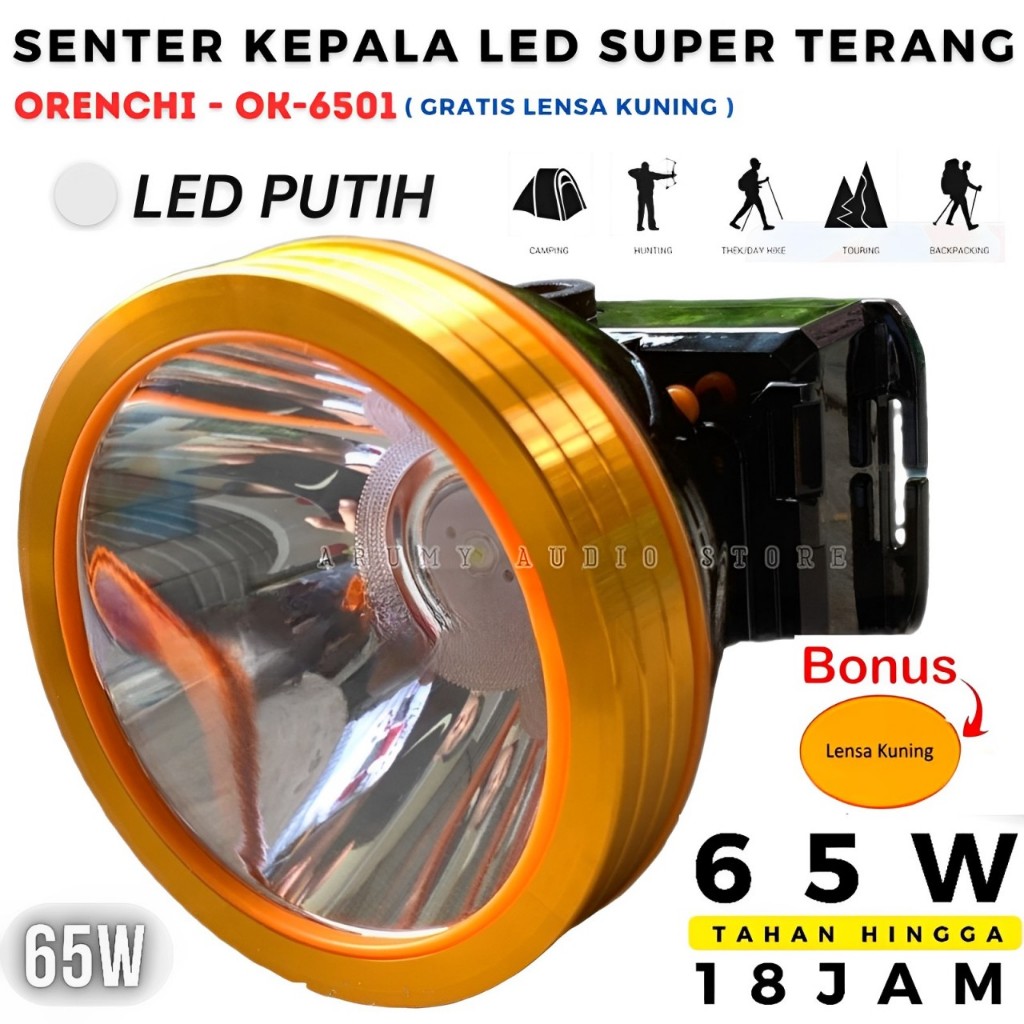 Orenchi Senter Kepala 65watt Ok 6501 Free Cover Kuning | Senter Kepala Led 65 Watt Super Terang Taha