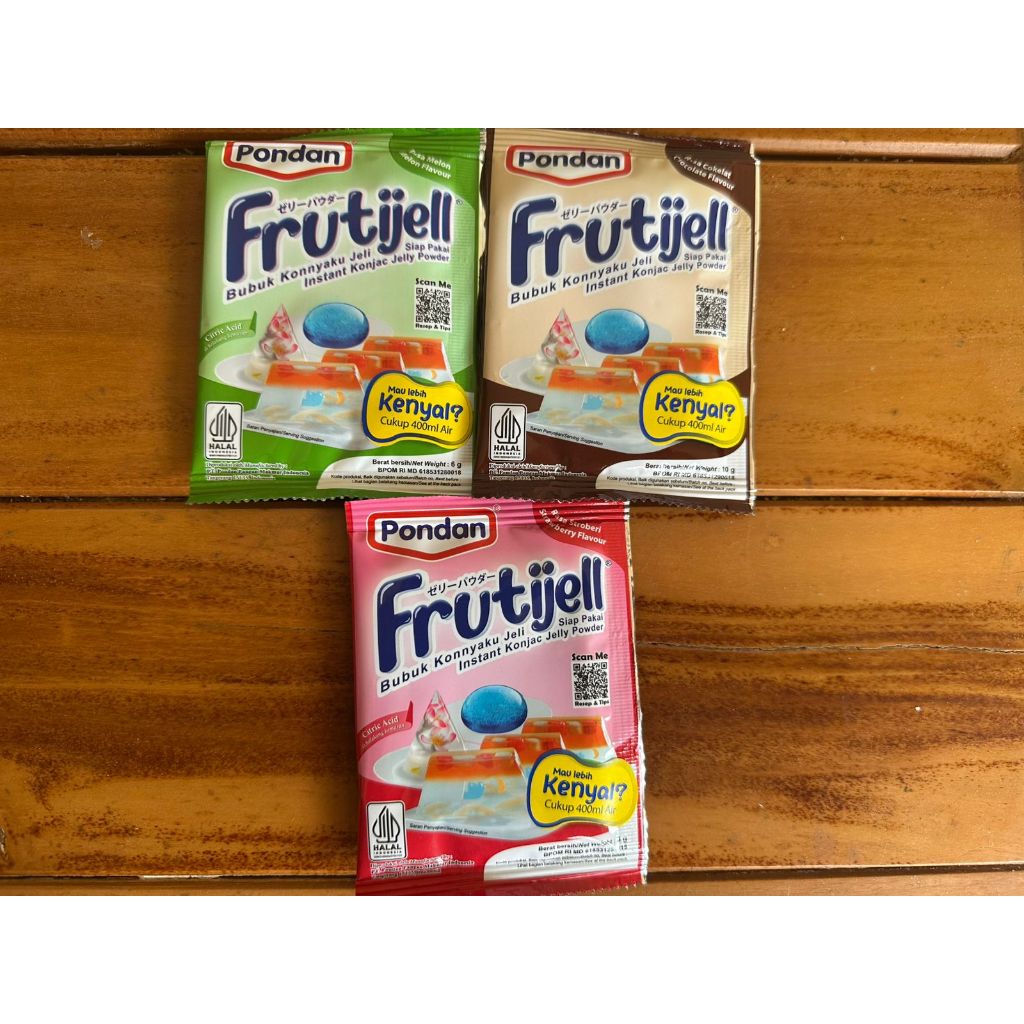 

Pondan Frutijell Bubuk Konnyaku Jeli Coklat 10gr Melon Stroberi 6gr