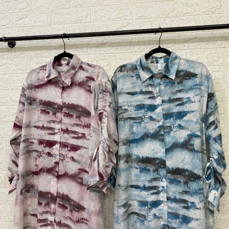 LONG TUNIK WANITA MOTIF ABSTRAK LENGAN SERUT WOMAN FASHION