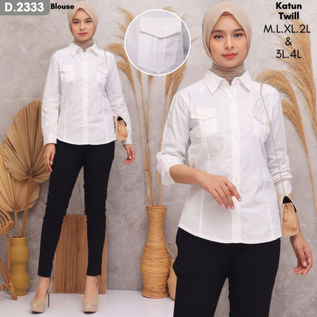 Kemeja Wanita Putih Polos Dua Kantong Kantor Kuliah