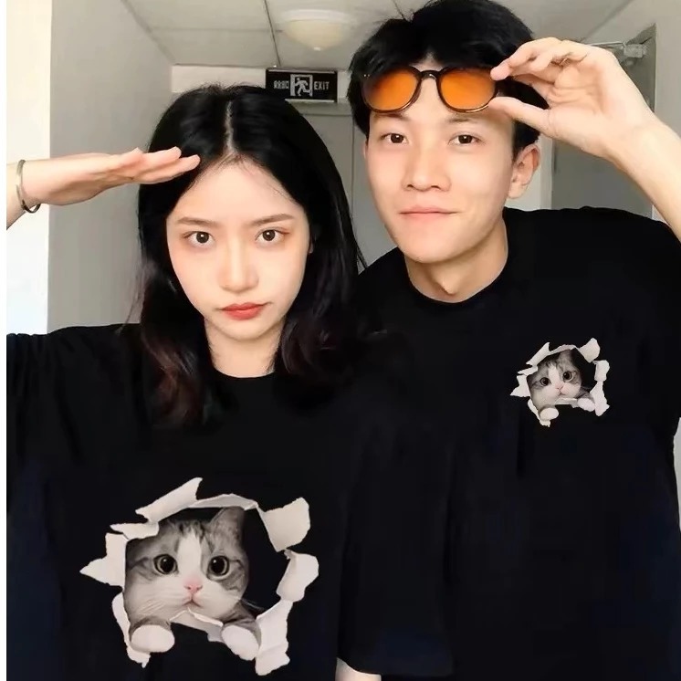HHHM Baju Kaos Couple Korean Style Oversize Kitten | T-Shirt Atasan Lengan Pendek Cewek Cowok Pasang
