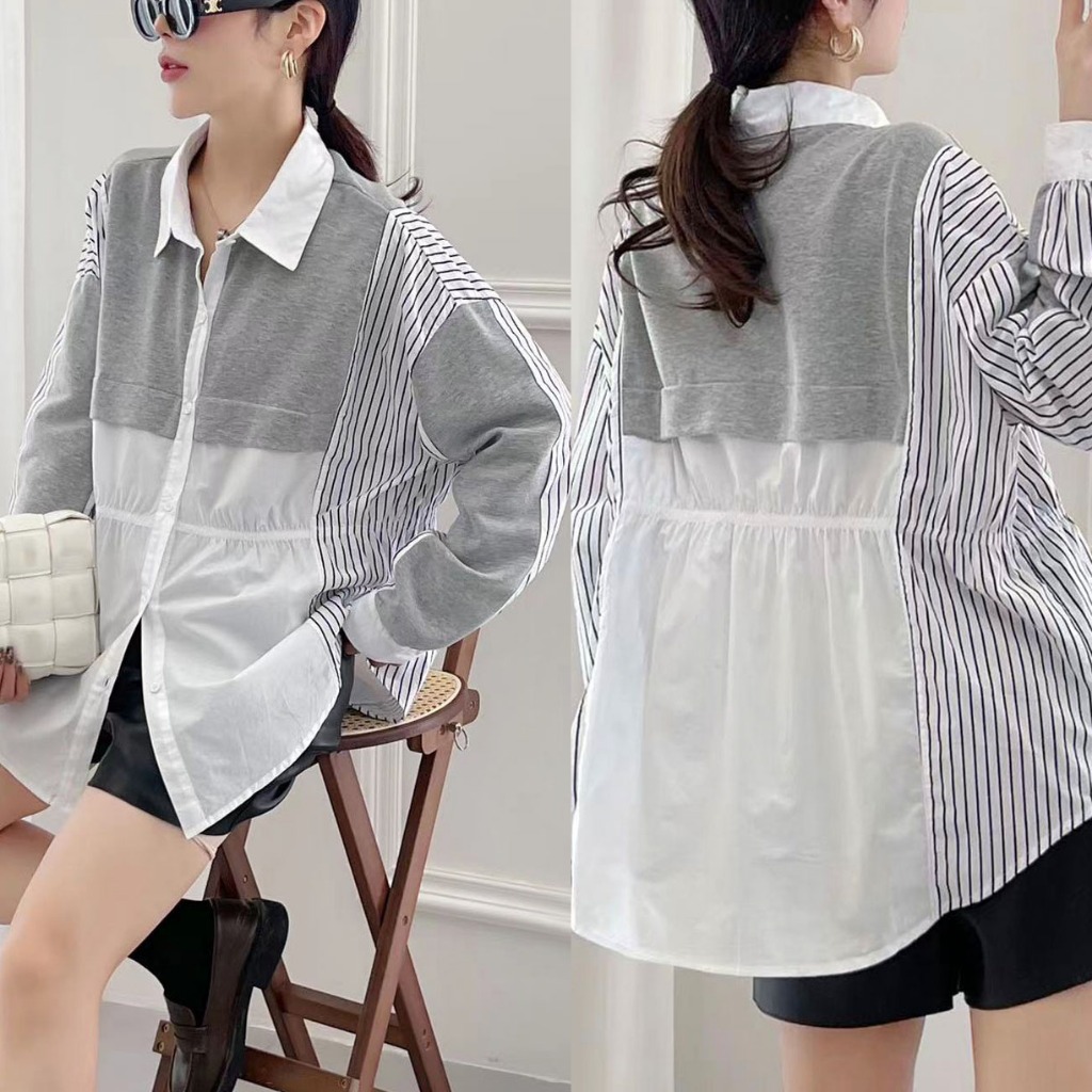 BLUS KEMEJA KATUN PUTIH PANEL KAOS ABU & KATUN GARIS OVERSIZE JUMBO KOREA IMPORT