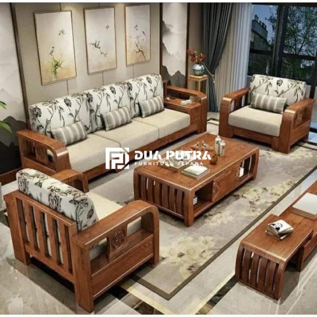 Kursi sofa tamu minimalis kayu jati laci