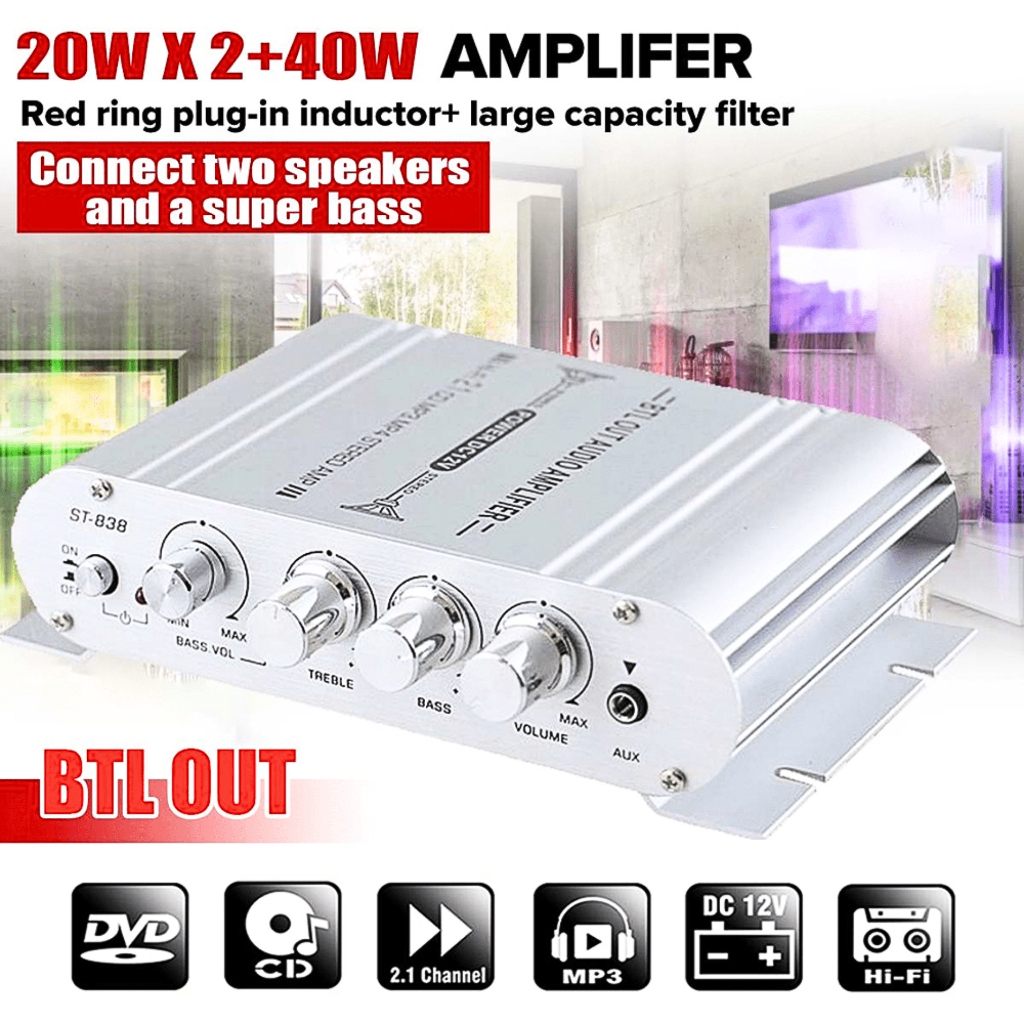 PUSAT CLAITE Ampli Amplifier HiFi Bluetooth super bass mini Audio 12v Treble Booster ST 838