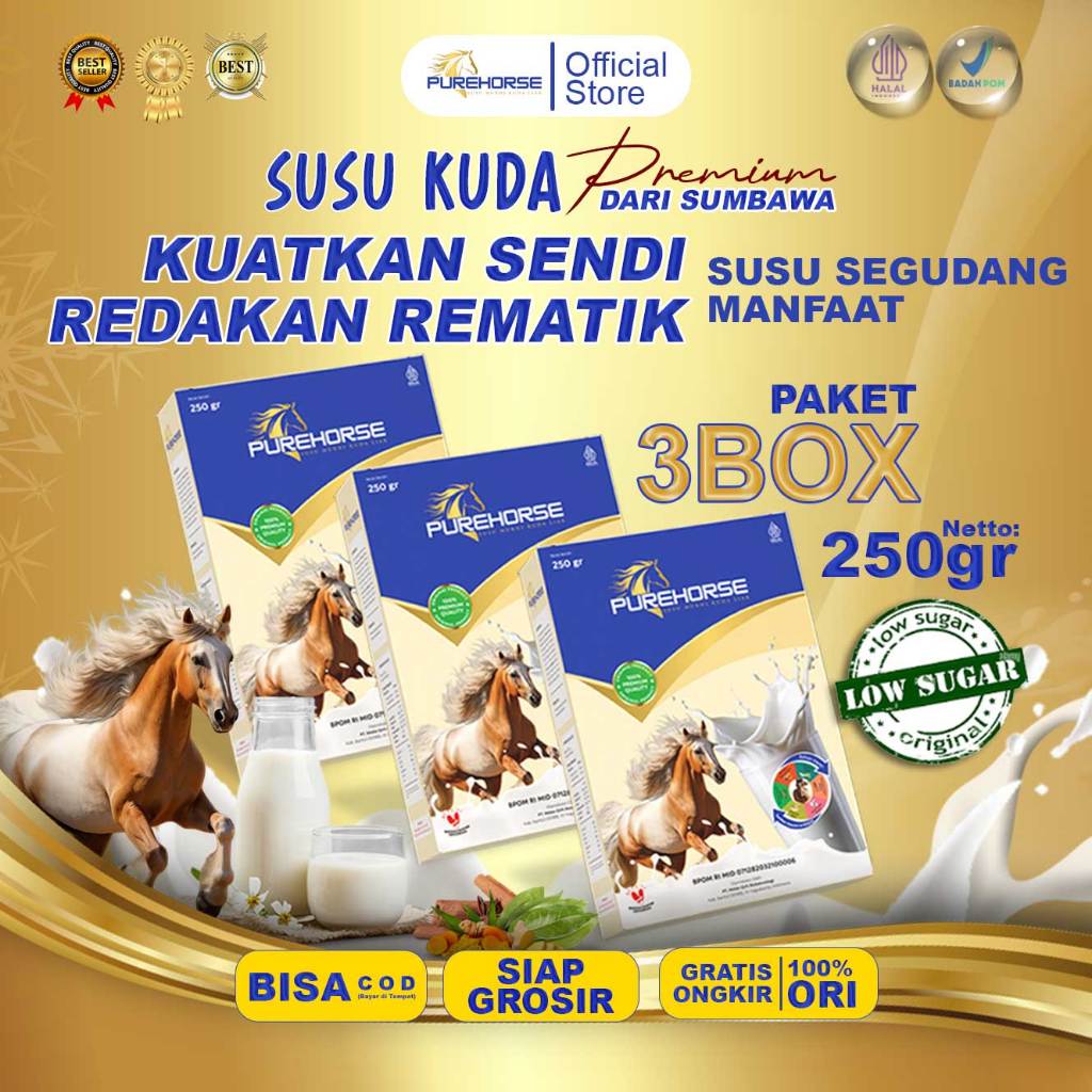 

Purehorse Susu Kuda Liar Lombok Murni 100% Original Kemasan 250gr Per Box Paket 3 Lebih Hemat