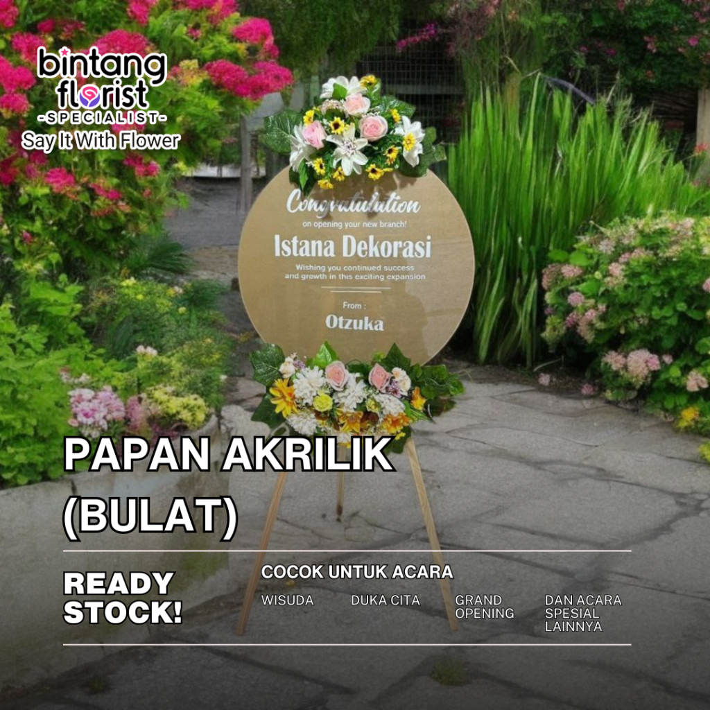 Karangan Bunga Papan Akrilik Bulat Bunga Segar / Artificial 80cm Diameter Malang Bisa Untuk Segala A