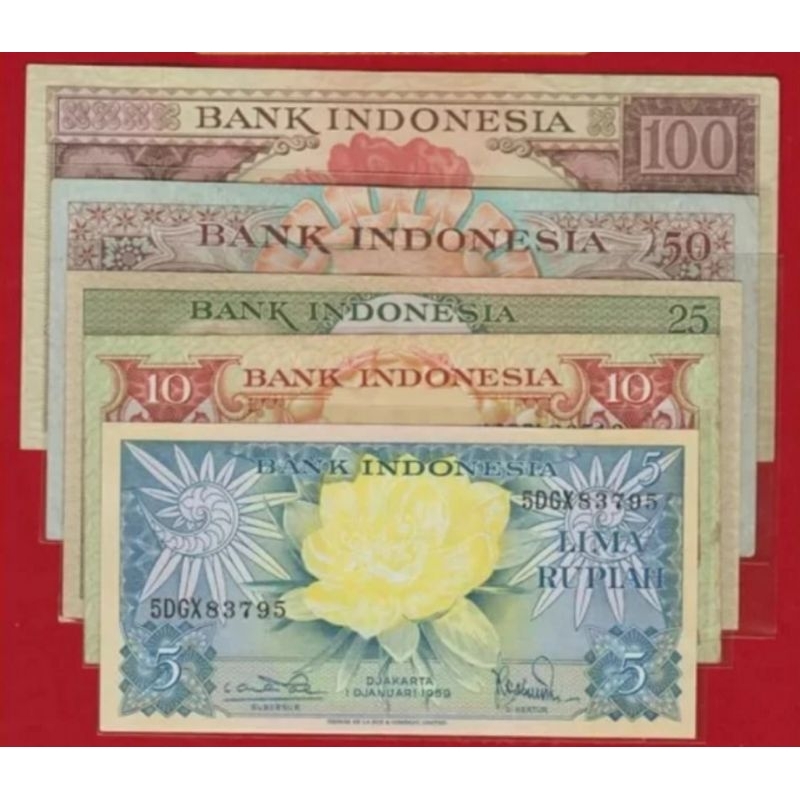 Set Uang Kuno Seri Bunga Pecahan 5 - 100 Rupiah 5 Lembar