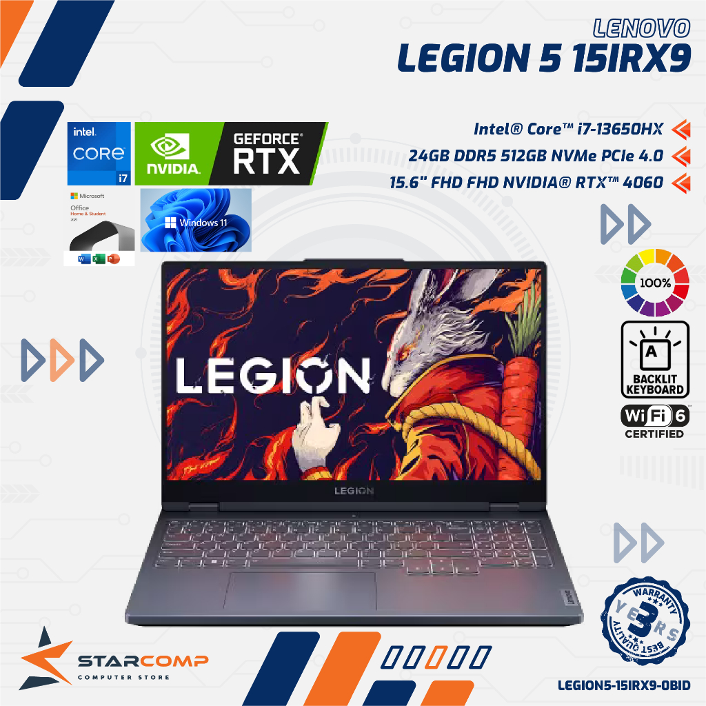 LENOVO Legion 5 15IRX9 i7-13650HX RTX4060 24GB 512GB 15.6" FHD sRGB W11 OHS