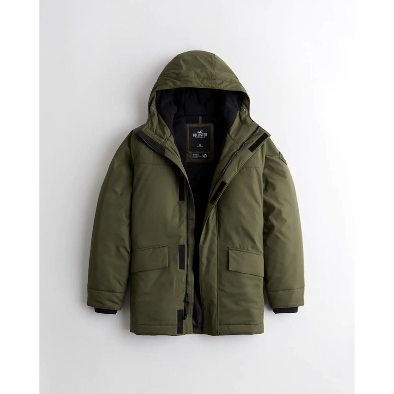 Hollister Faux Fur Fleece lined Parka Jacket Winter Coat Mens Olive Grey