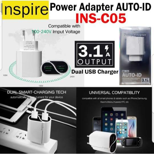 Charger Travel Adapter 2 Port Colokan USB 2 3.1 AMPERE INS-C05