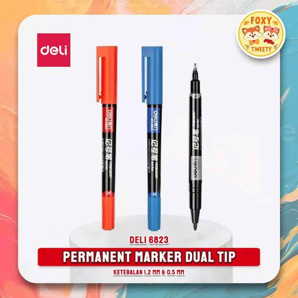 

(Live) Permanent Marker 6823 / Spidol Permanen Deli Double Tip 1.2 & 0.5 mm / Dapat Menulis Disegala Permukaan