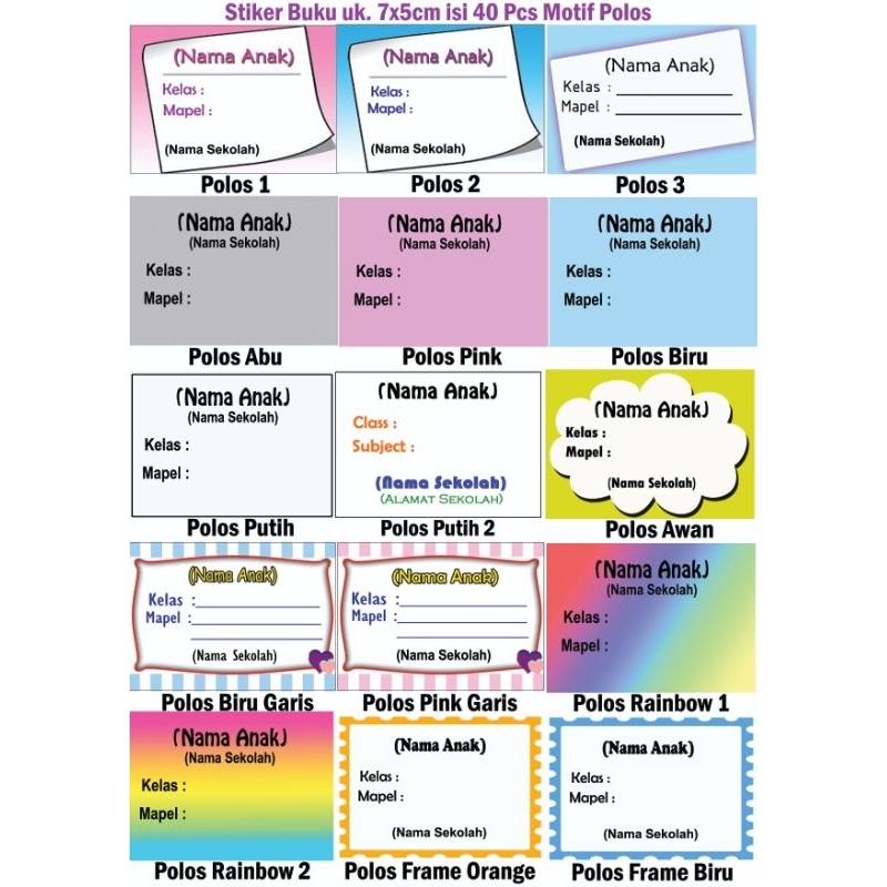 Stiker buku motif polos/label buku/stiker nama buku/label nama buku/stiker mapel untuk anak sekolah