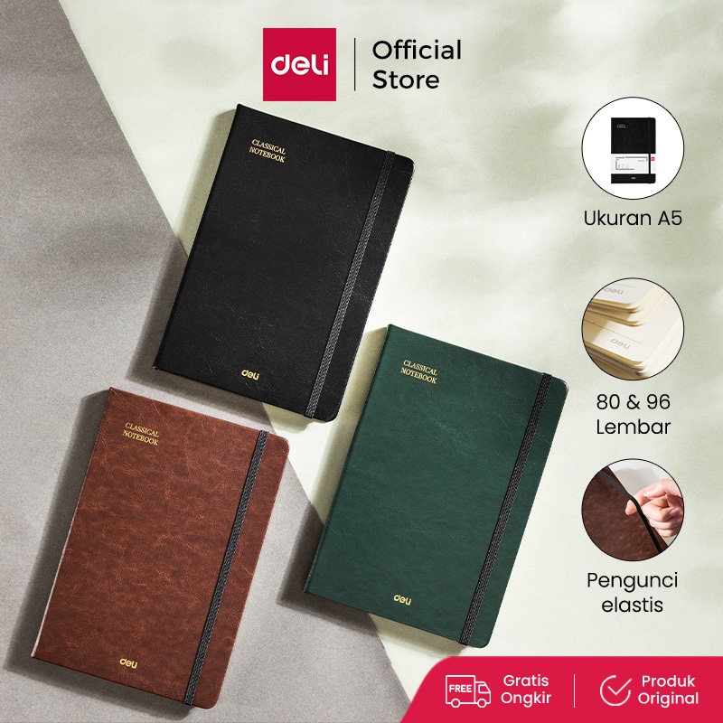 

Deli Leather Cover Notebook / Buku Catatan / Agenda Sampul Kulit A5 80 96 Lembar 70GSM Hard Cover EN111L EN12XL EN132L