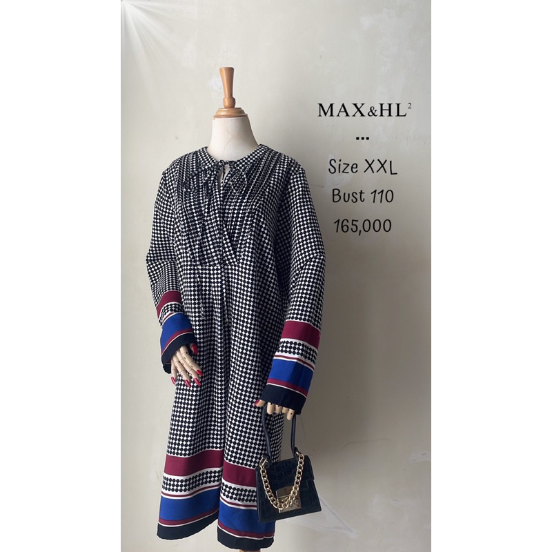 Midi dress tunik lengan panjang motif kotak kotak hitam putih garis garis merah maroon biru elektrik
