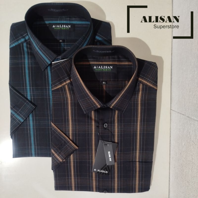 Alisan Kemeja Pria Motif Kotak Garis Hijau/Coklat Lengan Pendek Slimfit