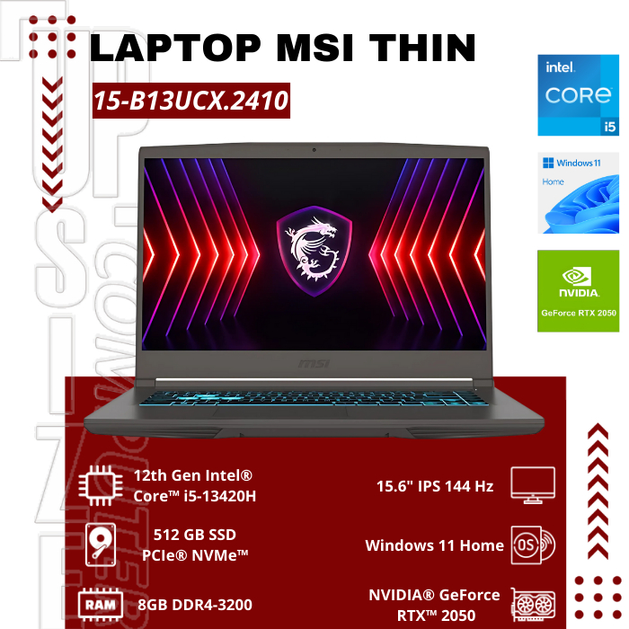 MSI Thin 15 B13UCX Laptop 15.6" i7-13620H RTX2050 8GB 512GB Gray