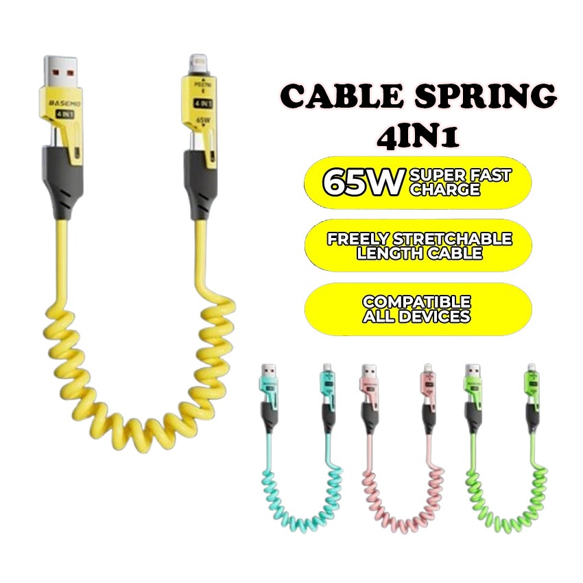 RG KABEL DATA SPRING 4 in1 65W 6A Fast Quick Charging  Kabel Data Lilit Spiral Silikon 1,5 Meter 4 i