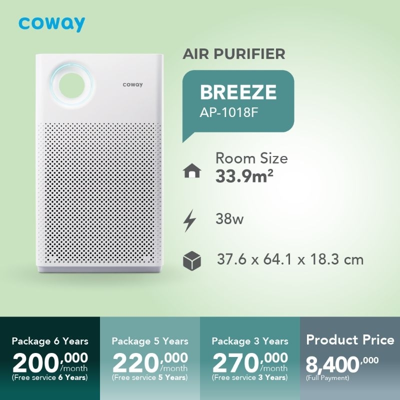 Coway Air Purifier BREEZE AP- 1018F Paket service dan Filter 36 bln