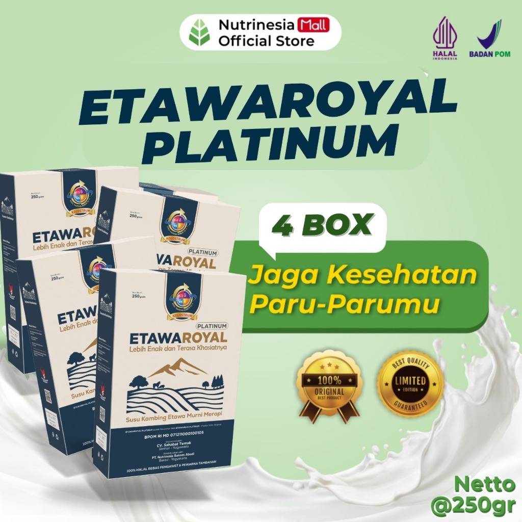 

ETAWAROYAL Platinum Perubahan merk Etawaplus Platinum Asli - Susu Etawa Bubuk Dengan Kolostrum Ampuh Atasi Gangguan Pernafasan - Kemasan 250gr Paket 4 Box