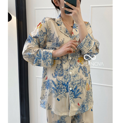 DIOR PAJAMAS Long Ice Silk Satin Korea Jepang Elegan Piyama Mewah Baju Tidur Kancing Depan Lengan & 