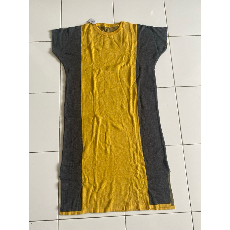 NEW midi dress rajut premium lembut ( polo dress look ) bigsize two tone batwing kuning abu elegan k