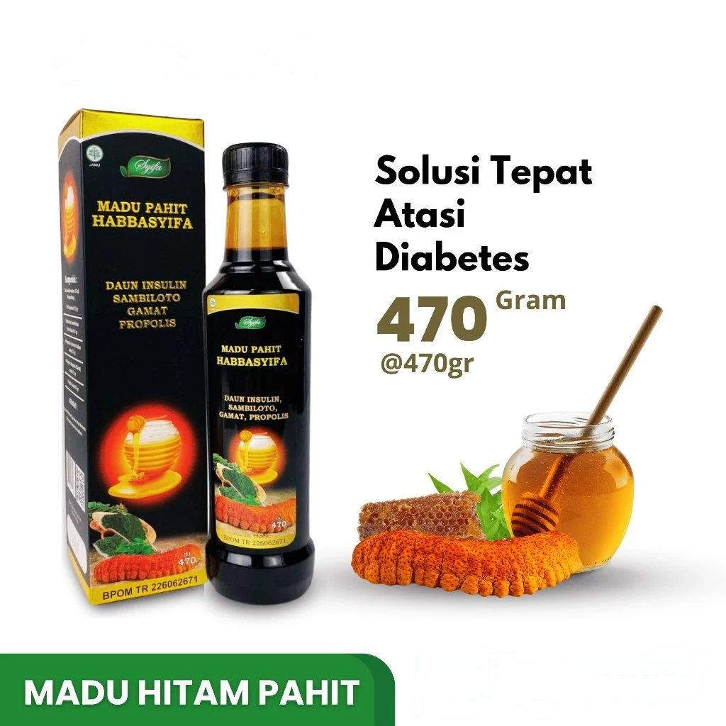 

Madu Hitam Pahit Habbasyifa Plus Propolis Daun Insulin Sambiloto Gamat Gold Diabetes 470gr BPOM