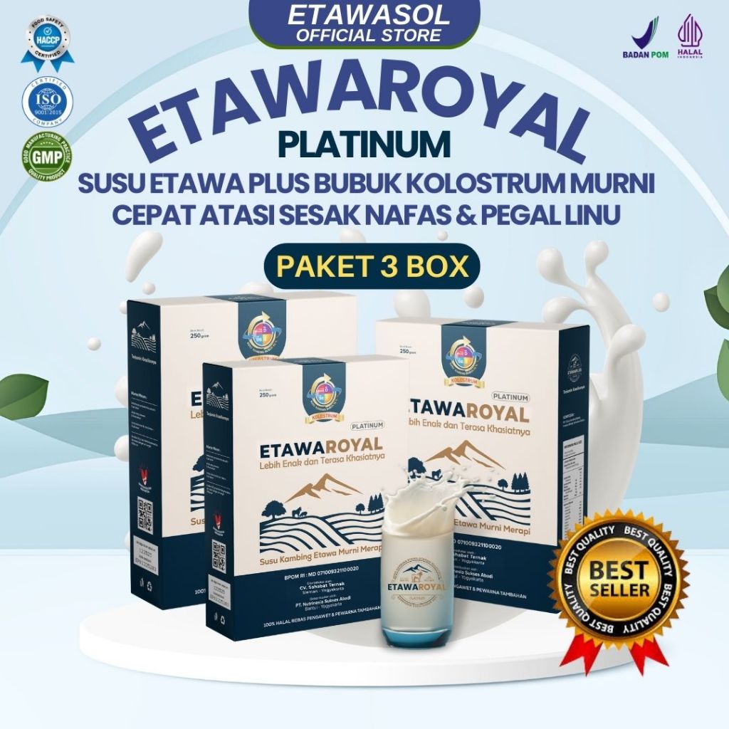 

ETAWAROYAL Platinum - Susu Kambing Etawa Premium Untuk Therapi Nyeri Sendi, Pegal Linu, Keluhan Pernafasan, Asam Lambung - Kemasan Paket 3 Box