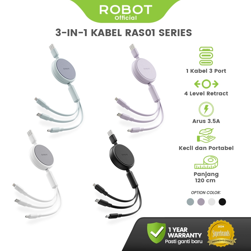 ROBOT Kabel Data 3-in-1 Retractable Fast Charging 35W Kabel Charger iPhone/Android RAS01 Series Orig