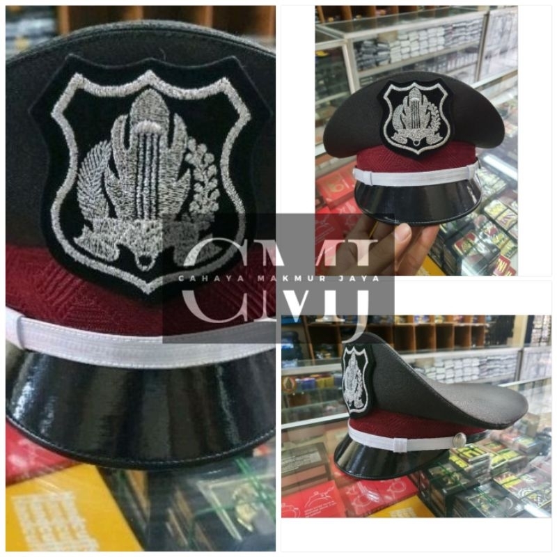 Topi pet satpam cowo merah Lis putih logo bordir - topi pet satpam cowo