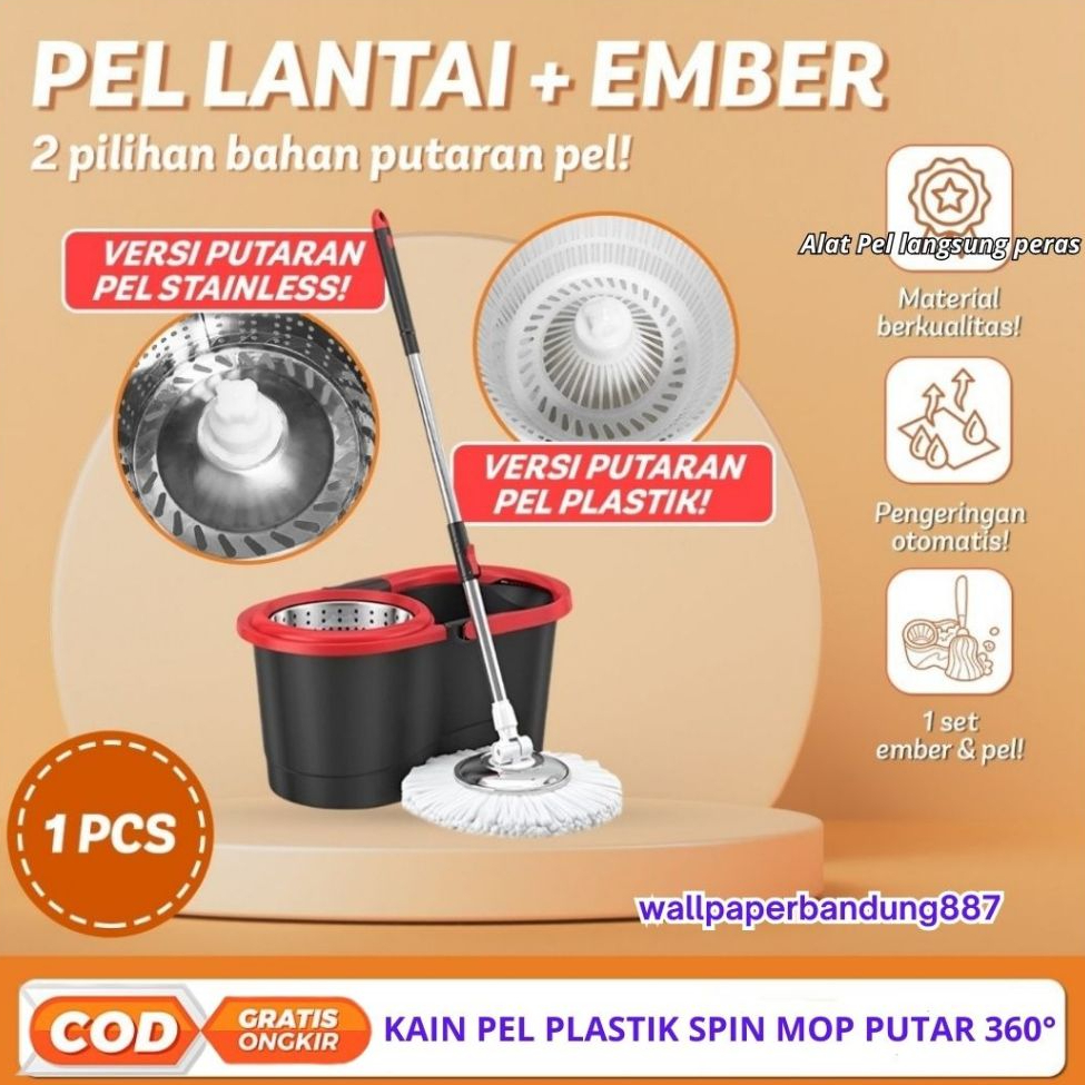 llpaperbandung887 Spin Mop Putar 360 Stainless Steel Alat Pel Lantai Dengan Ember - TB02