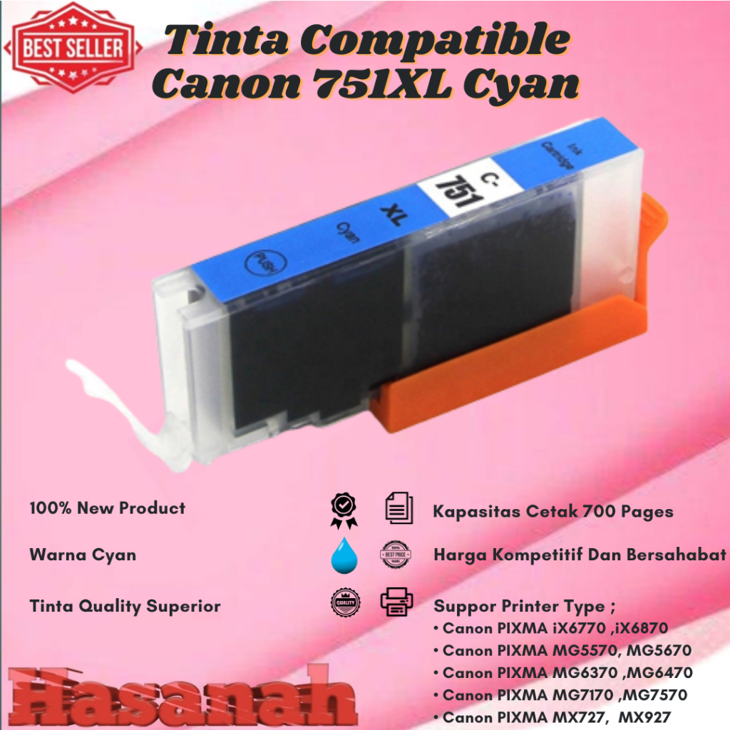 Tinta Catridge Canon Compatible  751XL Cyan For • Canon PIXMA iX6770, PIXMA iX6870, PIXMA MG5470 ,PI