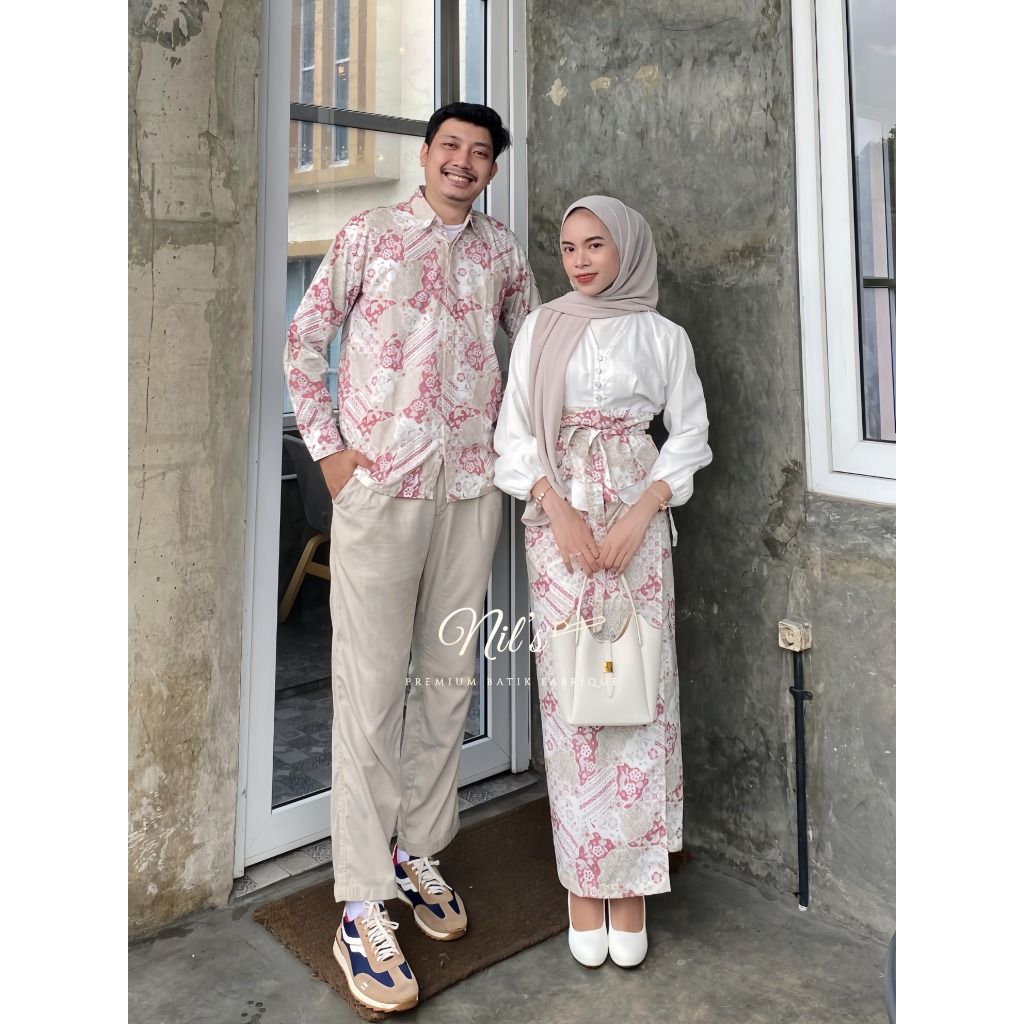 [v] Set Couple Kemeja Batik Lengan Panjang Pria Dan Oneset Rok Lilit Obi Batik Bawahan Kebaya /