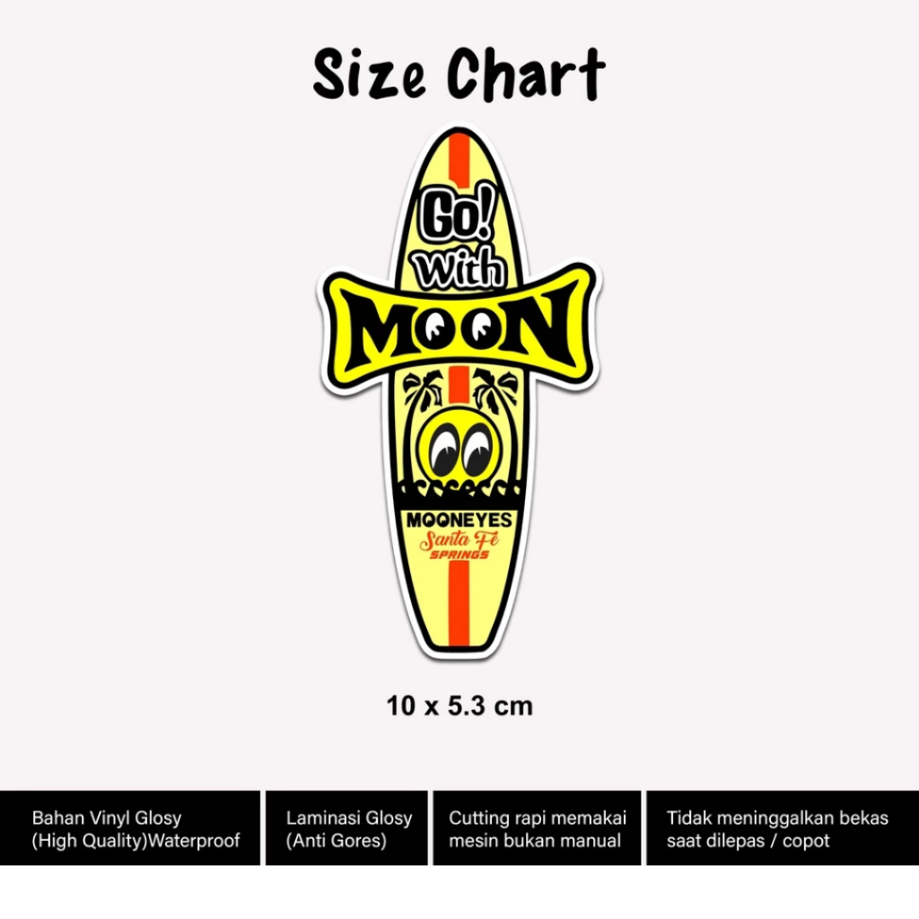 

Sticker Mooneyes Surfboard Laminasi Glossy 10cm Stiker Motor Helm Retro