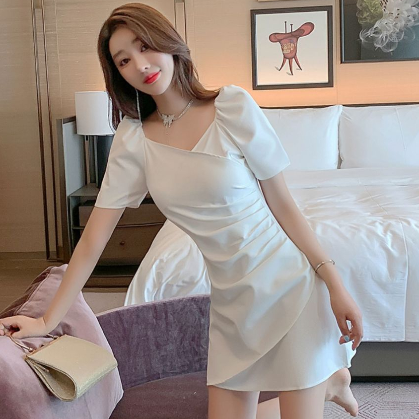 Meirong flowy mini dress putih pantai wanita korea style mini dress press body import