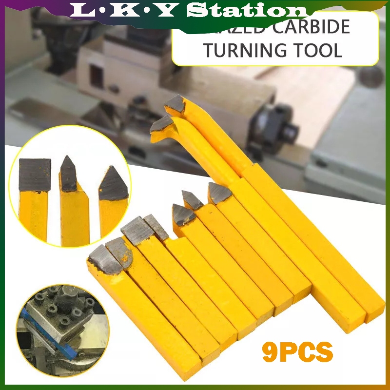 9pcs/Set Pahat Bubut Set Pisau Pahat Bubut Besi Carbide Brazed Tip Tipped Lathe Cutter Tools Alat