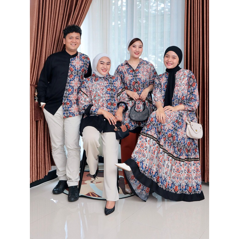 Alina Series Raya Family Set Couple Lebaran 2025 Gamis Tunik Kemeja Pria Rayon Motif Elegant