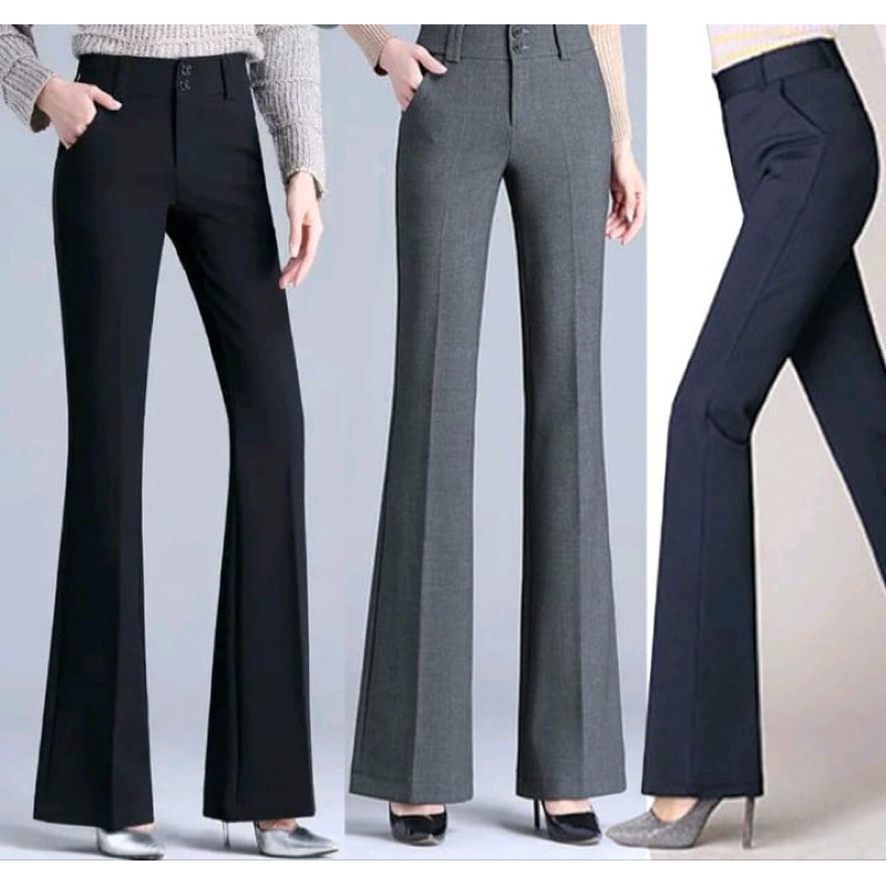 Celana kantor cutebray standar jumbo celana wanita bahan semi woll formal hitam panjang kerja kancin