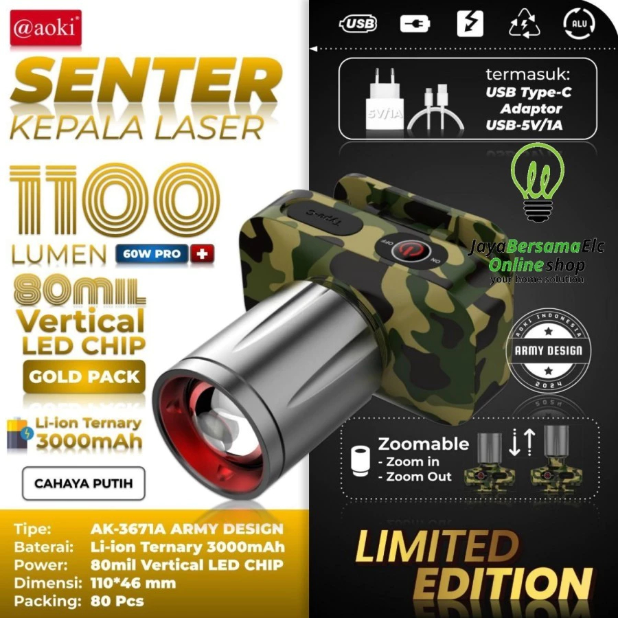 COD SENTER KEPALA LED AOKI ZOOM AK - 3671A 60W LORENG ARMY DESIGN ORIGINAL