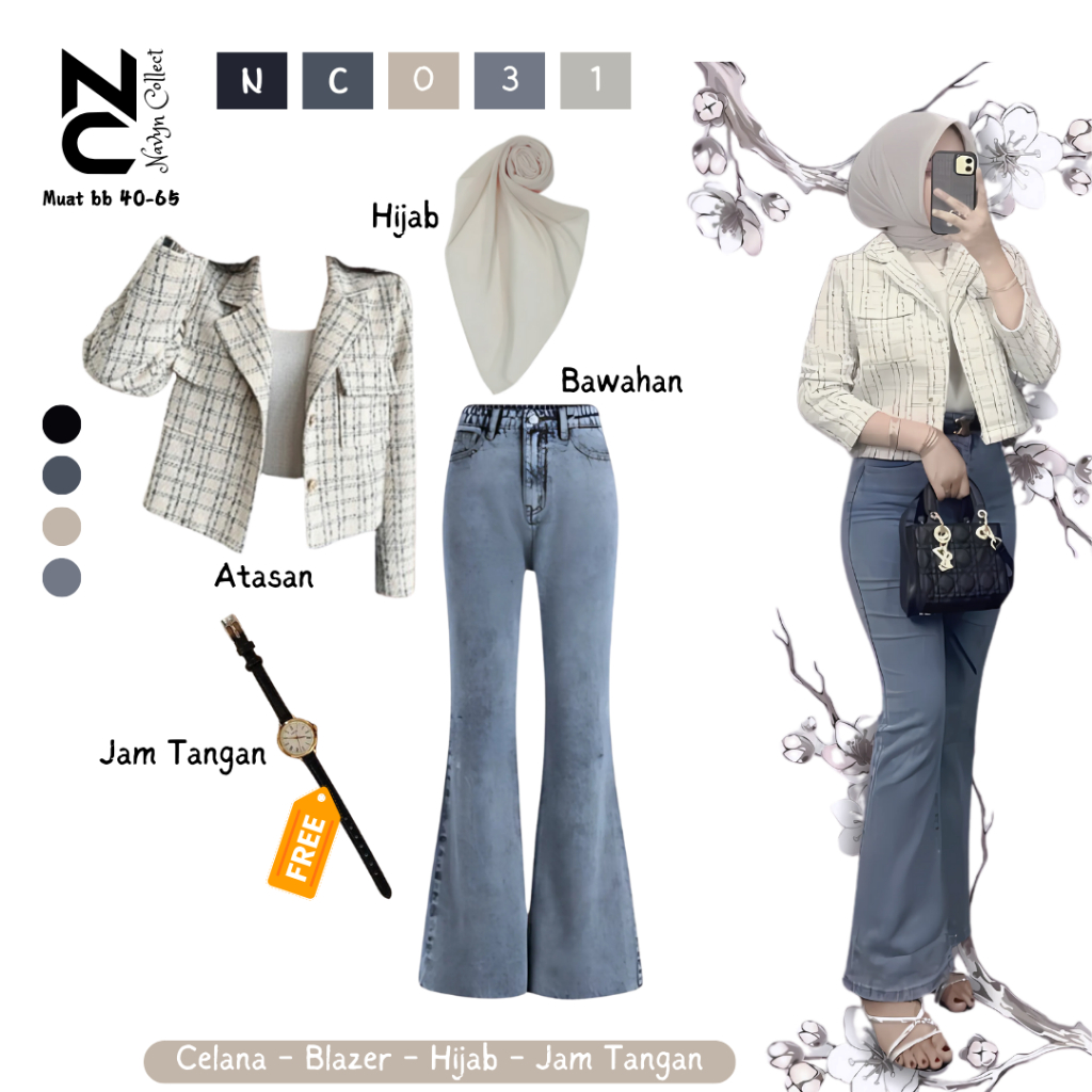 Style Kekinian One set 3in1 ( Celana Jeans Cutbray + Blazer Wanita Premium + Hijab Bella ) NC031
