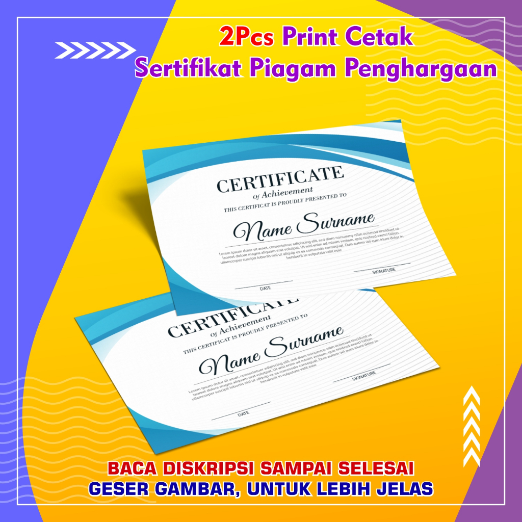 

2 Pcs Print Cetak Sertifikat Piagam Penghargaan Ukuran F4 A4 Letter Laminasi Laminating