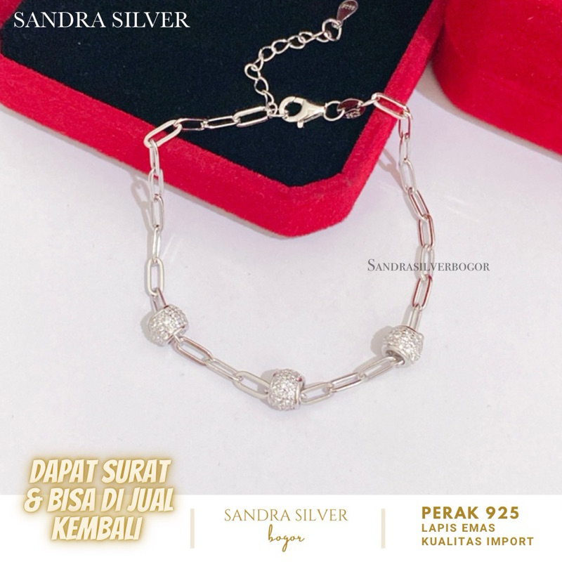 Gelang Bola Perak 925 rantai paperclip lapis emas putih