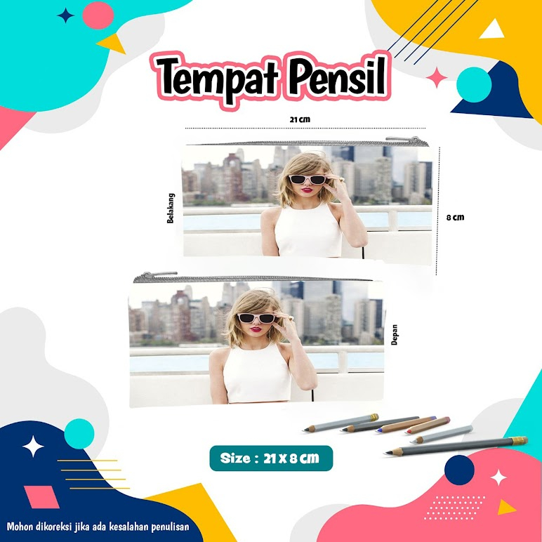 

Tempat Pensil ukuran 22 x 11 tempat make up serbaguna / dompet alat tulis motif taylor swift glasses