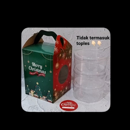 

( 5 pcs ) dus handle natal jendela mika muat 3 toples bulat 500gr box jinjing edisi merry christmas 15x15x21 cm