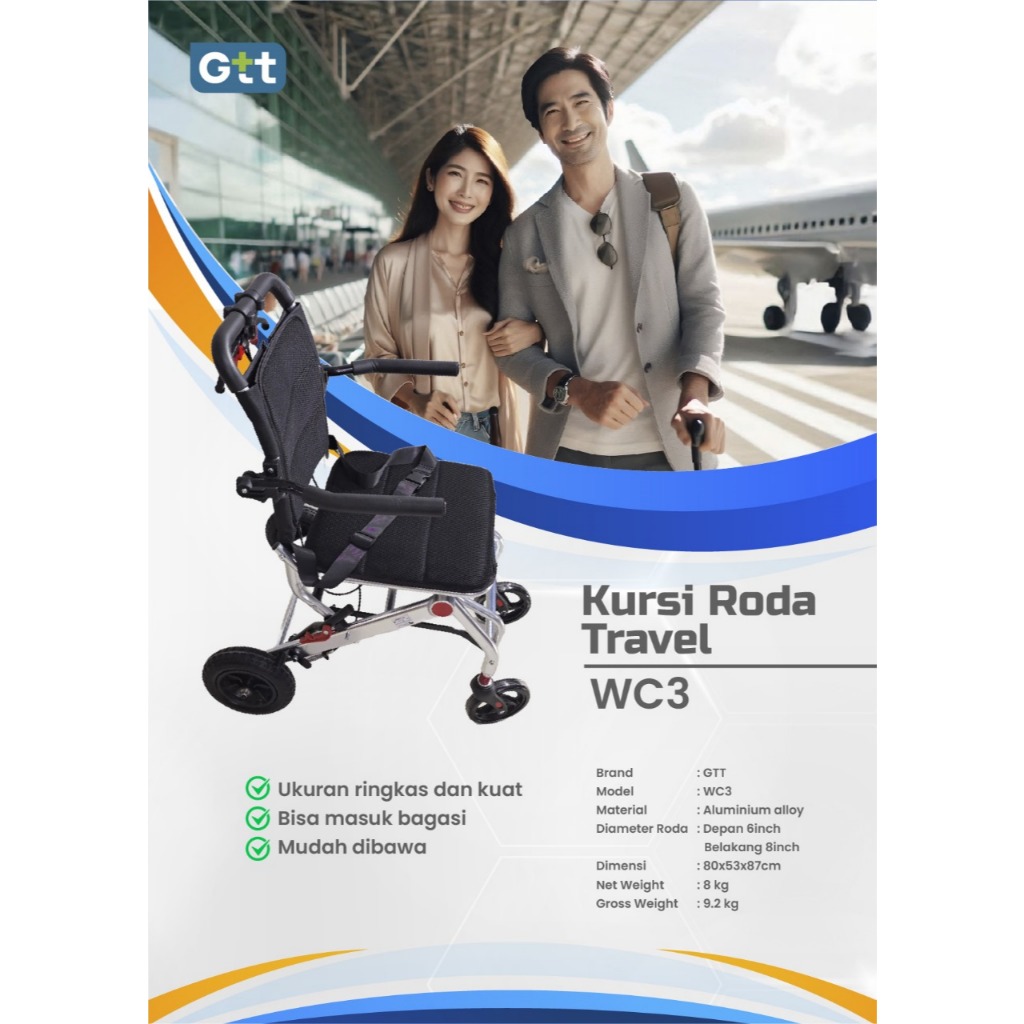 Kursi Roda Traveling WC3 + Pole + Tas / Kursi Roda Umroh Haji Travel | Kursi Roda Travel Pole Wheelc