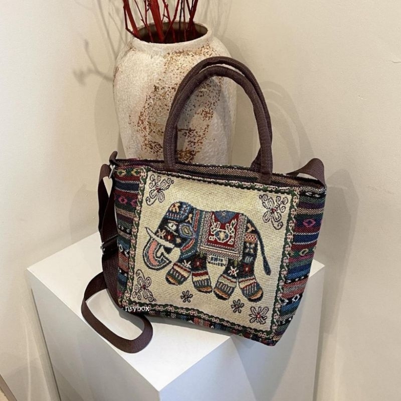 Tote Bag Kanvas Tenun Import Tebal Thailand Import Oleh-oleh Luar Negeri Haji Umroh Tas Selempang Wa