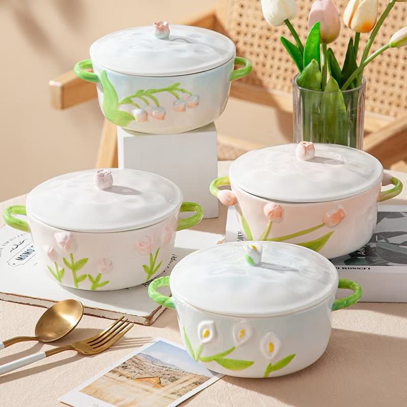 Mangkok Keramik Gagang Cantik Dengan Tutup Motif Bunga 3D Timbul Tahan Panas
