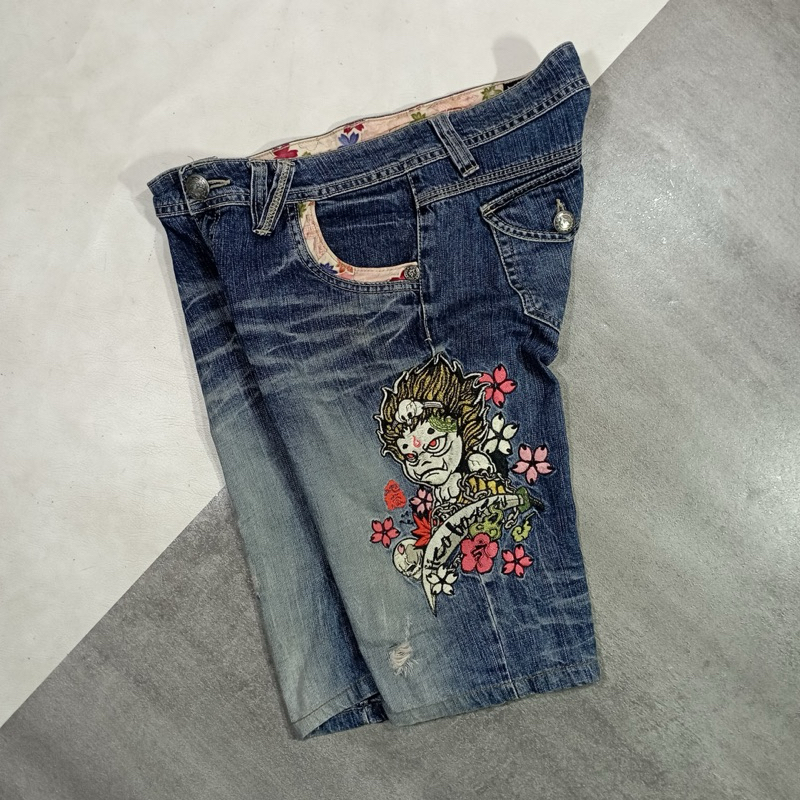Celana Jeans Pendek Sukajan Nippon Blue Jizo Bosatsu Embroidered