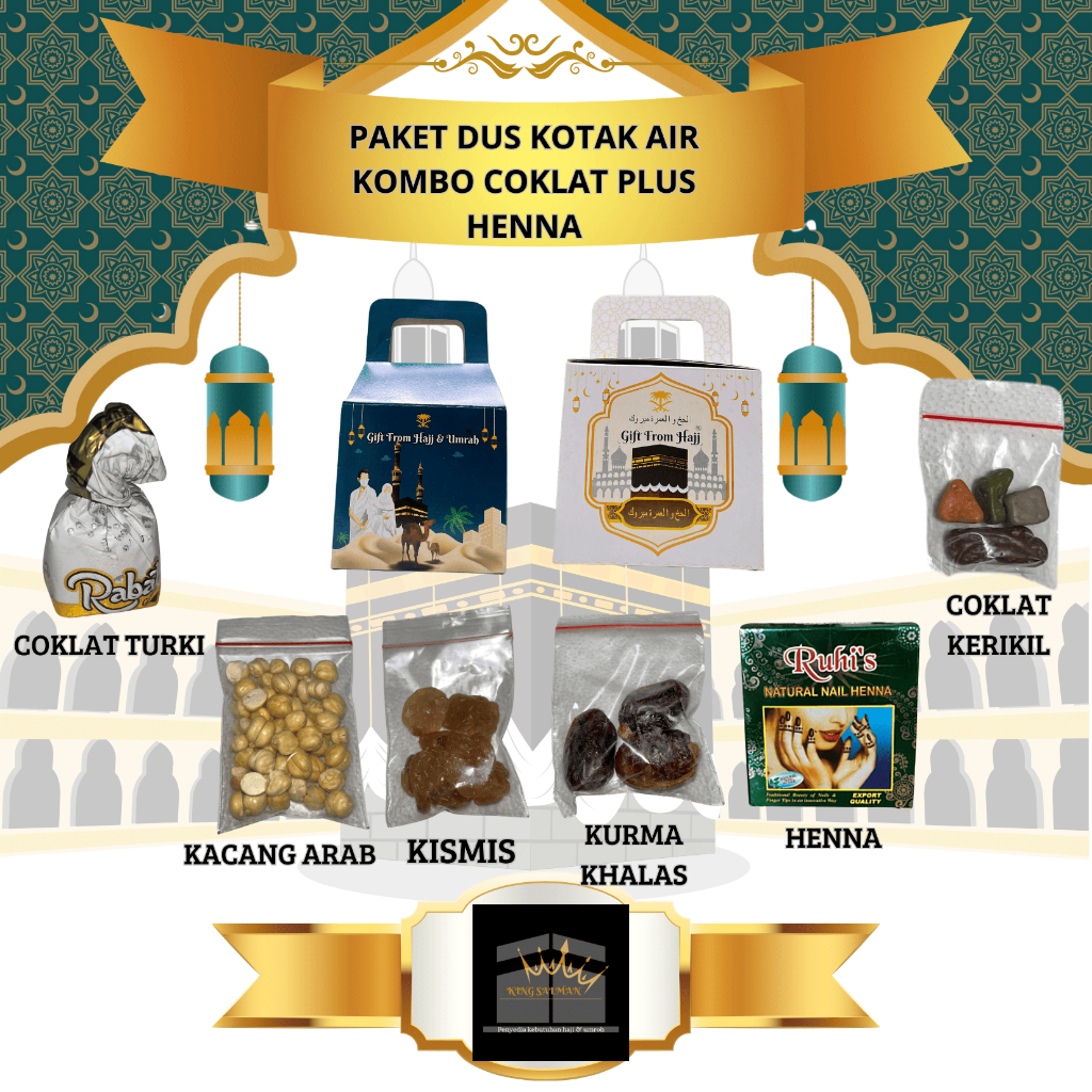 

Oleh-oleh haji dan umroh Paket Dus kotak air oleh-oleh haji dan umroh kombo coklat plus henna