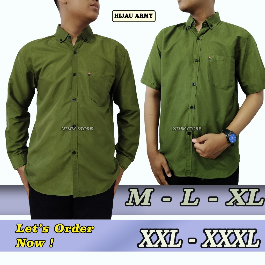 Kemeja Pria Hem Pria Polos Hijau Armi Lengan Panjang Lengan Pendek